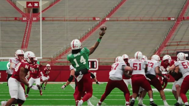 Jeff Sims quarterback and offensive line 2023-04-15 Nebraska football spring scrimmage